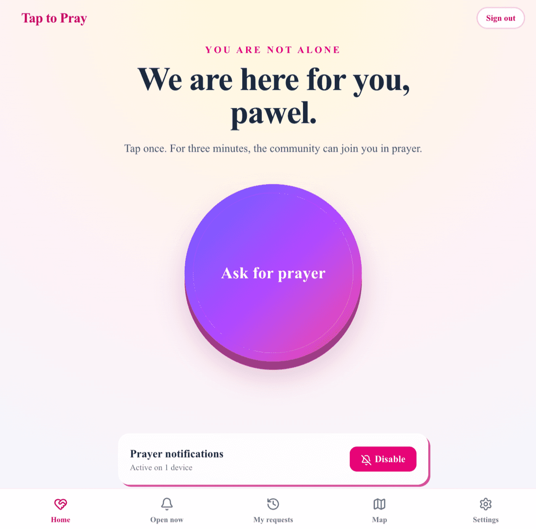 Tap to Pray home screen with the Ask for prayer button