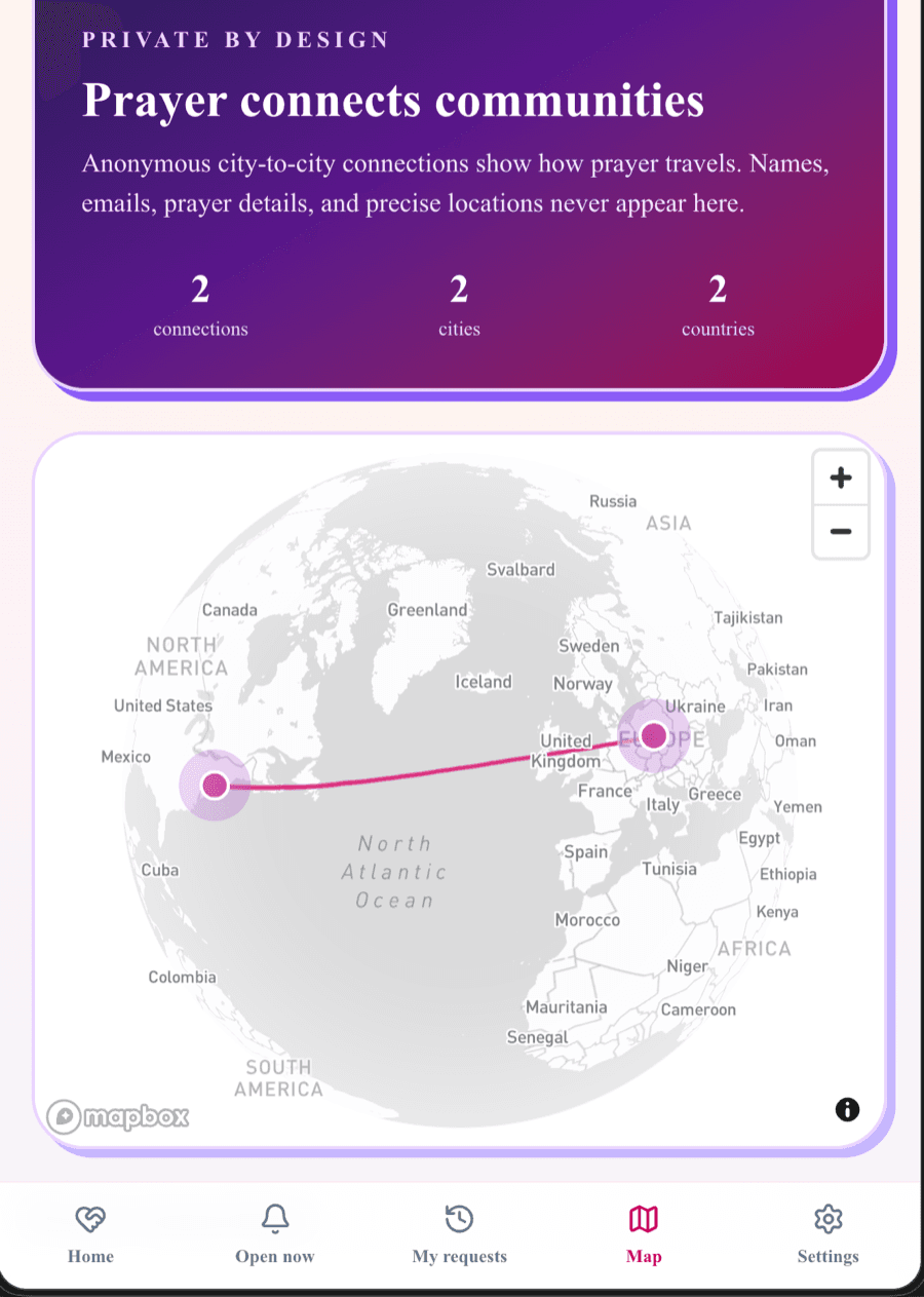 Prayer map screen showing anonymous city-to-city connections